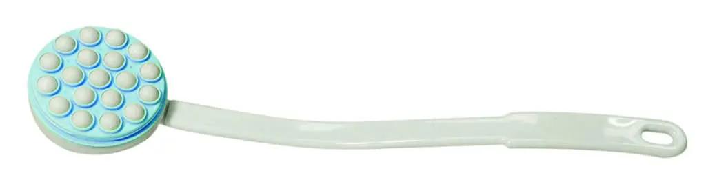 The Lotion Applicator is a white long-handled tool with a round, blue and white bristle-free head featuring multiple raised nodules.