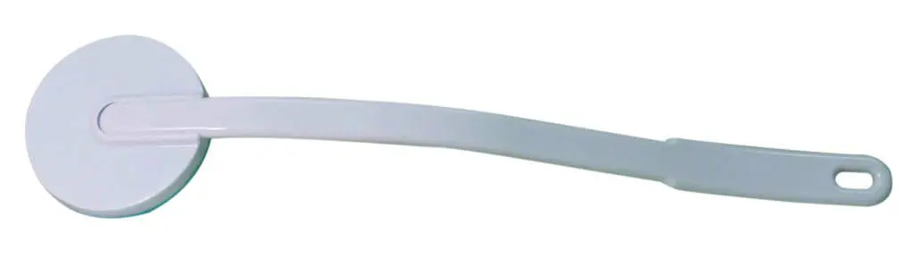 The Lotion Applicator is a white plastic tool with a long handle, a round flat end for application, and a hole at the handle's end for hanging.