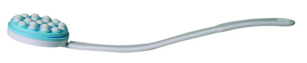 The Lotion Applicator is a white and blue bath brush with a long, curved handle and rounded bristles, designed to make it easy to reach and clean your back.