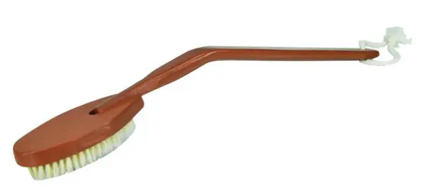 The Long-Handled Wooden Bath Brush features a brown wooden handle, white bristles, and a white hanging loop at the end.
