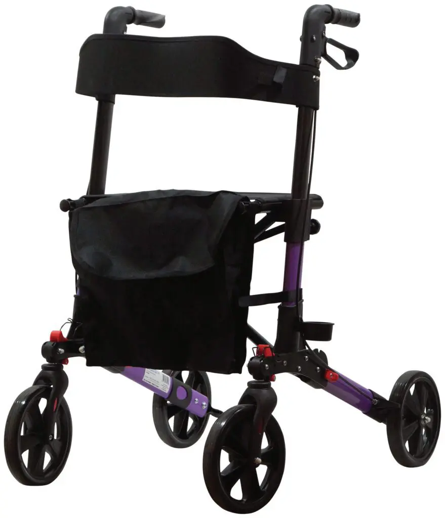 The Deluxe Fold Flat Rollator is a lightweight, foldable walking frame with four wheels, a black storage bag, and padded backrest for mobility support.