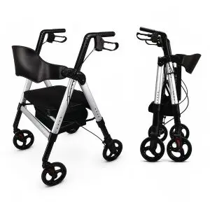 Two views of the Deluxe Bariatric Rollator, a black and silver folding walking frame with four wheels and a seat, are displayed on a white background: fully open on the left and folded for storage on the right.