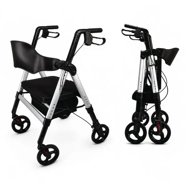 Two views of the Deluxe Bariatric Rollator, a black and silver folding walking frame with four wheels and a seat, are displayed on a white background: fully open on the left and folded for storage on the right.