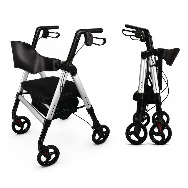 Two views of the Deluxe Bariatric Rollator, a black and silver folding walking frame with four wheels and a seat, are displayed on a white background: fully open on the left and folded for storage on the right.