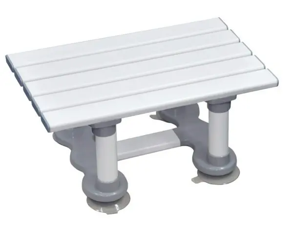 The Medina Plastic Bath Board features a white slatted seat, four short legs, and suction cup feet for stability in the shower.