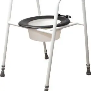 The Solo Skandia Raised Toilet Seat and Frame is a portable commode with a sturdy metal frame, plastic seat, and removable bucket, designed for individuals with limited mobility.