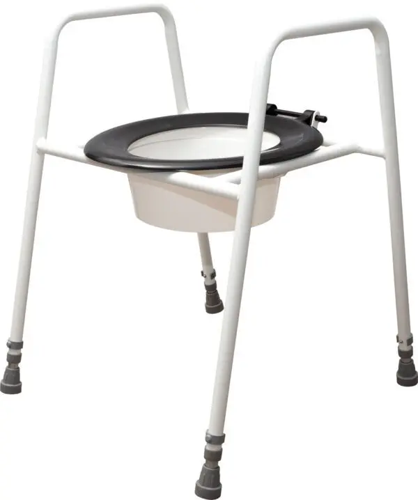 The Solo Skandia Raised Toilet Seat and Frame is a portable commode with a sturdy metal frame, plastic seat, and removable bucket, designed for individuals with limited mobility.