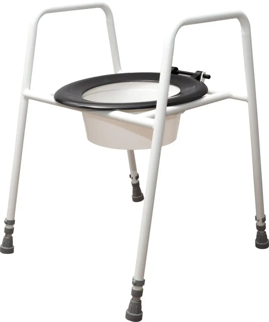 The Solo Skandia Raised Toilet Seat and Frame is a portable commode with a sturdy metal frame, plastic seat, and removable bucket, designed for individuals with limited mobility.