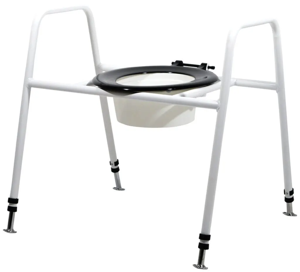 The Solo Skandia Combined Bariatric Raised Toilet Seat and Frame is a portable, free-standing unit with a white metal frame, four legs, and a black seat featuring a removable bucket underneath.