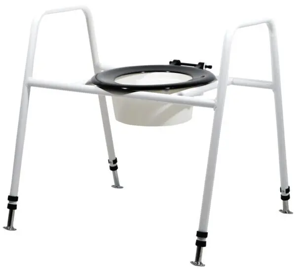 The Solo Skandia Combined Bariatric Raised Toilet Seat and Frame is a portable, free-standing unit with a white metal frame, four legs, and a black seat featuring a removable bucket underneath.