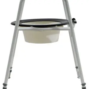 Front view of the Solo Skandia Raised Toilet Seat and Frame, featuring a metal frame, black seat, and removable bucket underneath.