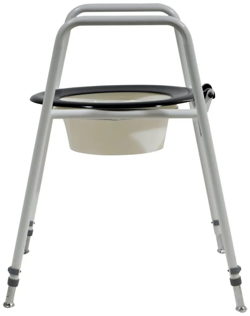 Front view of the Solo Skandia Raised Toilet Seat and Frame, featuring a metal frame, black seat, and removable bucket underneath.