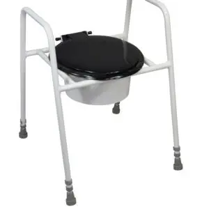 The Solo Skandia Raised Toilet Frame with Seat and Lid features a black seat and lid, a white metal frame, and four legs with rubber tips, suitable for medical or home use.