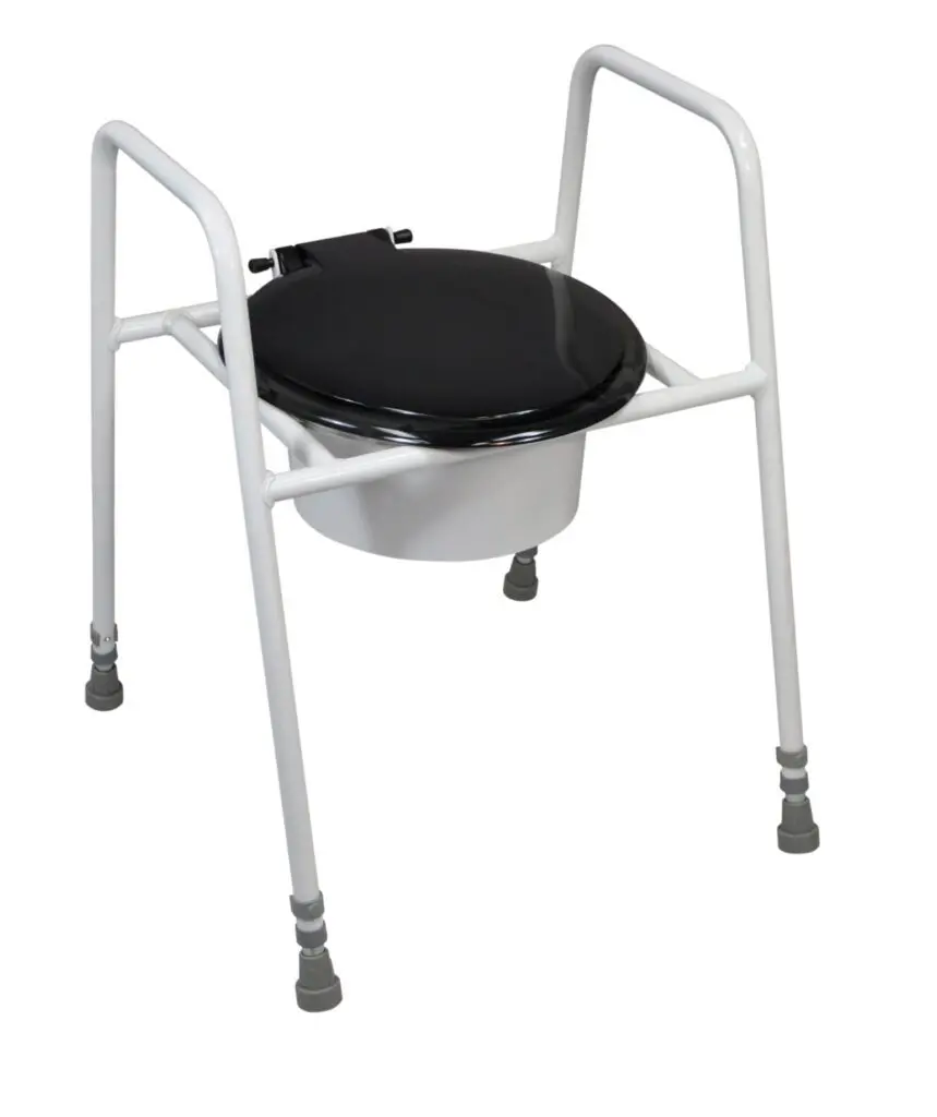 The Solo Skandia Raised Toilet Frame with Seat and Lid features a black seat and lid, a white metal frame, and four legs with rubber tips, suitable for medical or home use.