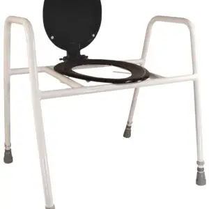 The Solo Skandia Raised Toilet Frame with Seat and Lid features a black toilet seat and lid on a sturdy white metal frame with rubber-tipped legs.