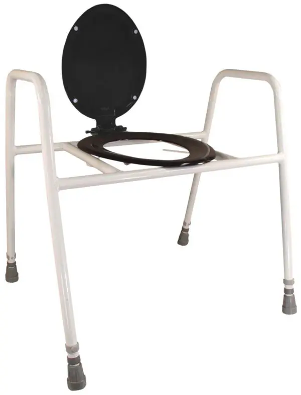The Solo Skandia Raised Toilet Frame with Seat and Lid features a black toilet seat and lid on a sturdy white metal frame with rubber-tipped legs.