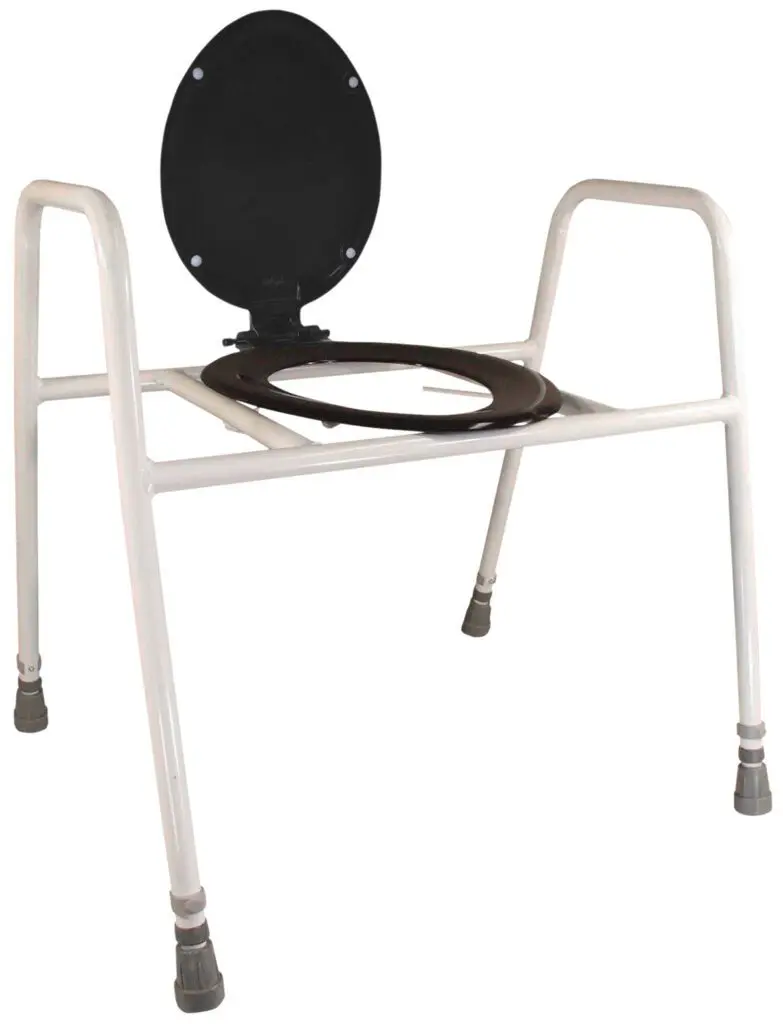 The Solo Skandia Raised Toilet Frame with Seat and Lid features a black toilet seat and lid on a sturdy white metal frame with rubber-tipped legs.