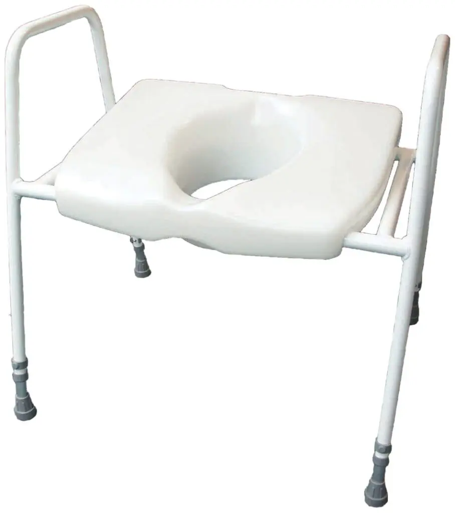 The Cosby Bariatric Toilet Seat and Frame features a white seat with a central opening, sturdy metal frame, and four rubber-tipped legs, providing stable mobility assistance.