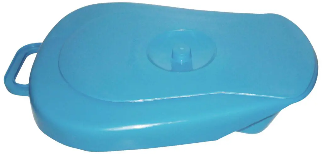 A Plastic Bedpan with Lid in blue, featuring a handle for easy use and a secure cover.