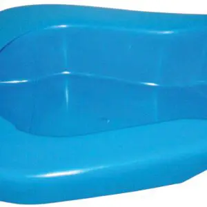 The Plastic Bedpan with Lid is a blue plastic bedpan featuring an integrated handle, ideal for bedbound patients or those with limited mobility.