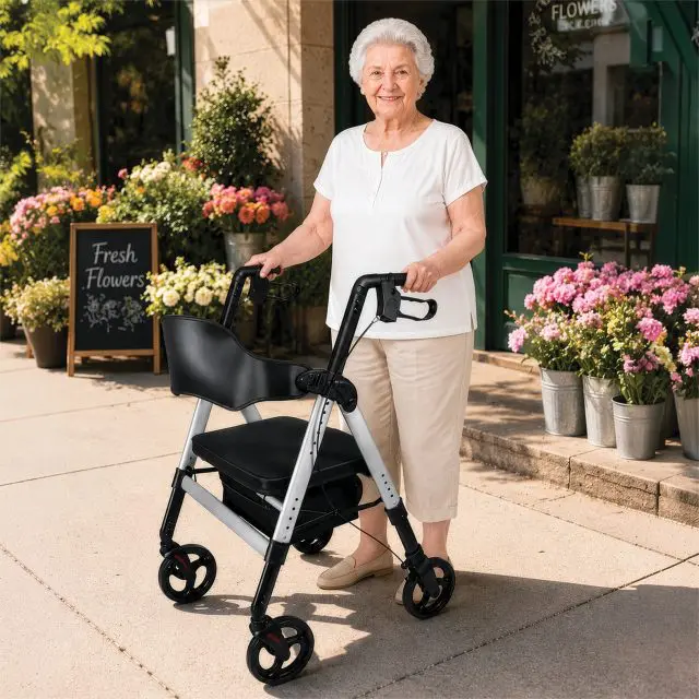 An older woman stands outside a flower shop, smiling and holding the Deluxe Bariatric Rollator. Various potted flowers are displayed beside her, and a "Fresh Flowers" sign is visible.