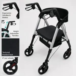 Deluxe Bariatric Rollator features ergonomic, height-adjustable handles, a textured padded seat, convenient under-seat storage, and sturdy 8-inch PVC wheels—with insets highlighting each of these key features.