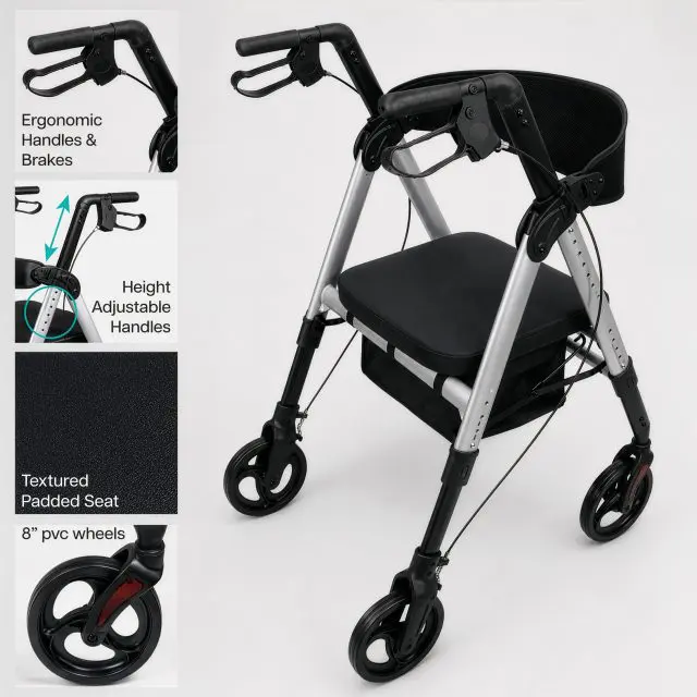 Deluxe Bariatric Rollator features ergonomic, height-adjustable handles, a textured padded seat, convenient under-seat storage, and sturdy 8-inch PVC wheels—with insets highlighting each of these key features.