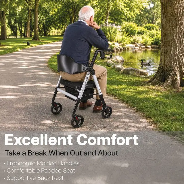 An older man sits on a Deluxe Bariatric Rollator by a pond in a park, accompanied by text highlighting the comfort features of this mobility aid.