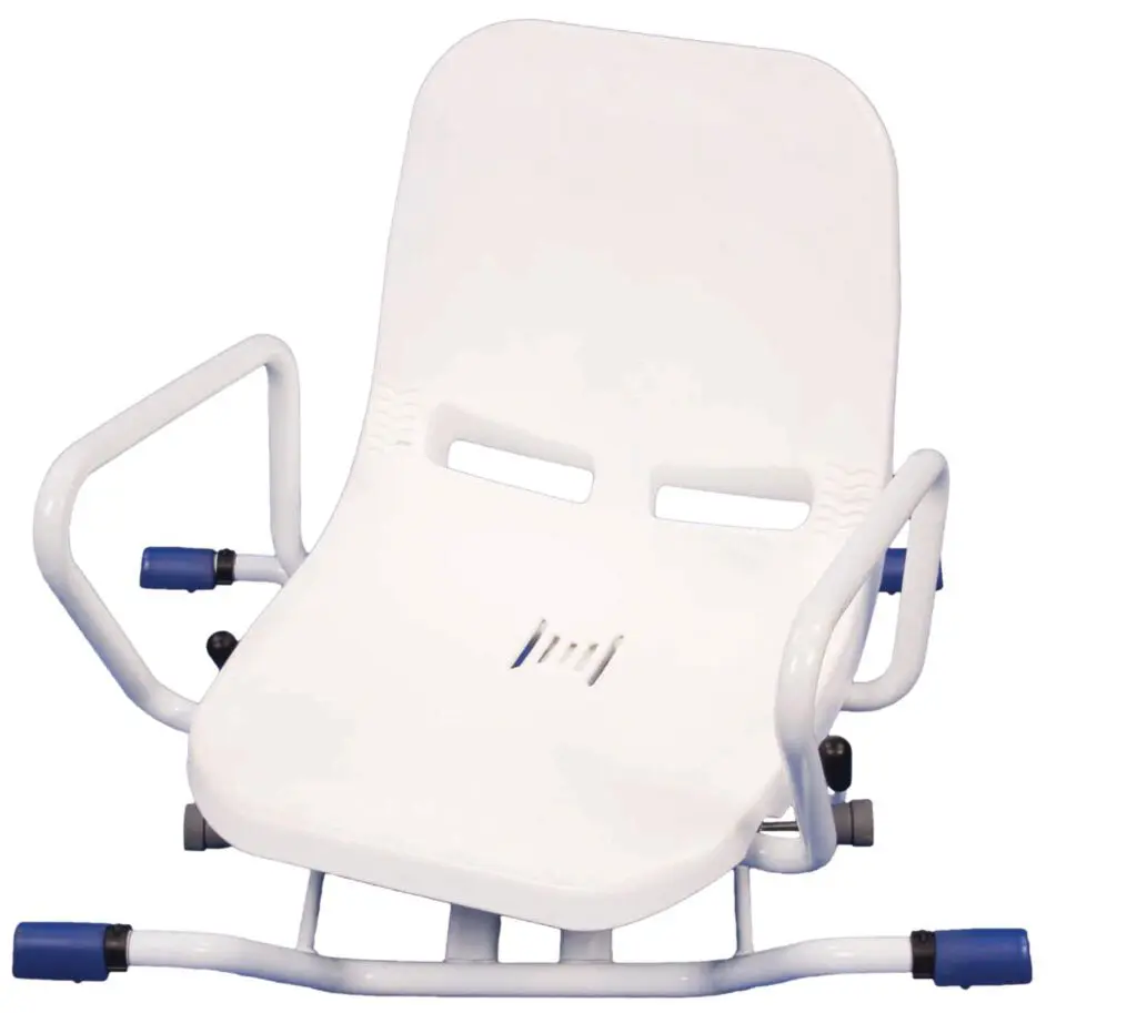 The Coniston Rotating Bather features a white plastic seat with armrests and ventilation slots, mounted on a metal frame with blue rubber ends for added stability and grip.