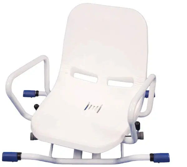 The Coniston Rotating Bather features a white plastic seat with armrests and ventilation slots, mounted on a metal frame with blue rubber ends for added stability and grip.
