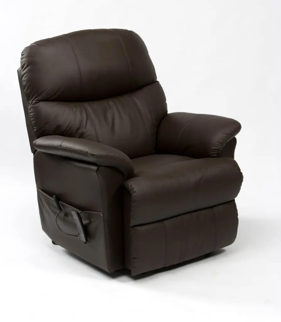 The Lars Dual Riser & Recliner—a dark brown leather chair with padded cushions and a side storage pocket—shown against a plain white background.