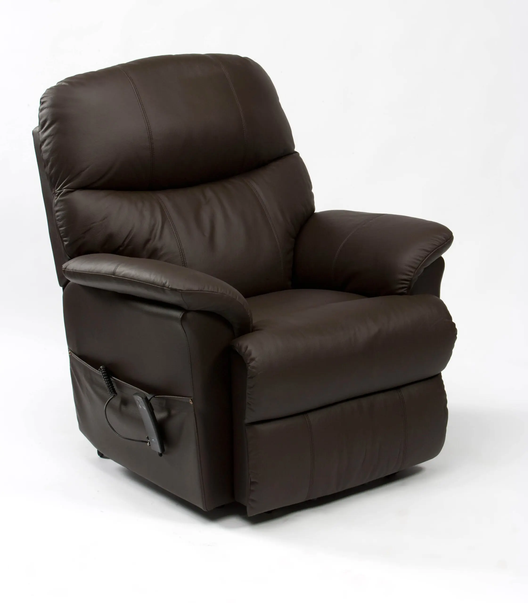 The Lars Dual Riser & Recliner—a dark brown leather chair with padded cushions and a side storage pocket—shown against a plain white background.
