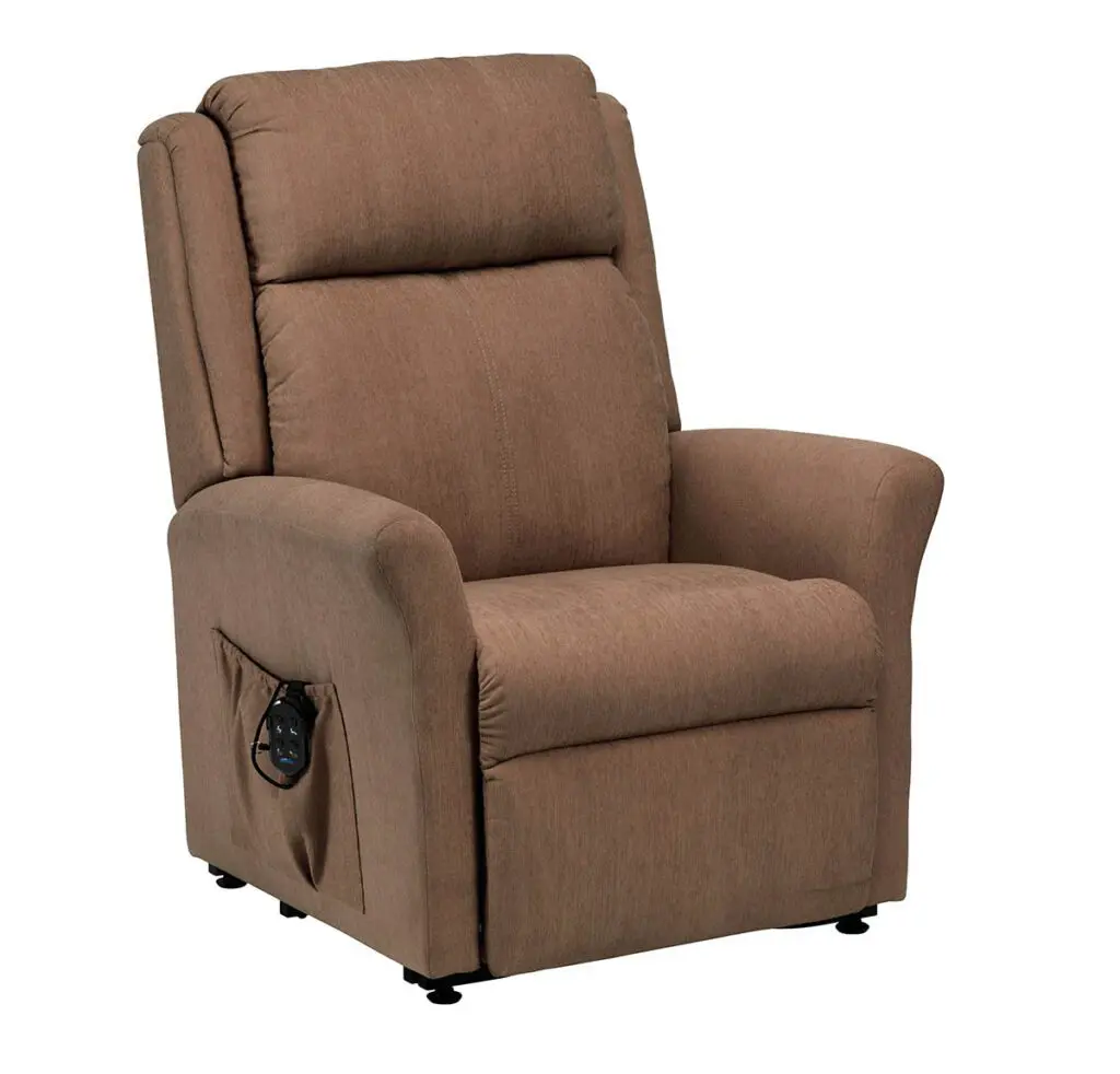 The Memphis Riser Recliner is a brown fabric chair with a cushioned back and seat, side pocket, and remote control for easy position adjustment.