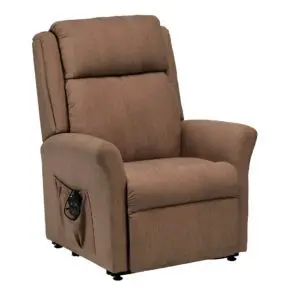 The Memphis Riser Recliner is a brown fabric chair with a cushioned back and seat, side pocket, and remote control for easy position adjustment.