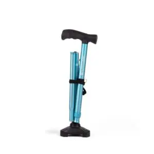 A compact, blue hand pump with a black handle and base, shown standing upright against a white background.