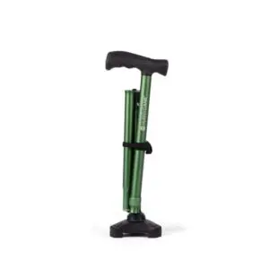 The HurryCane Walking Stick, featuring a green foldable shaft with a black handle and base, stands upright on a white background.