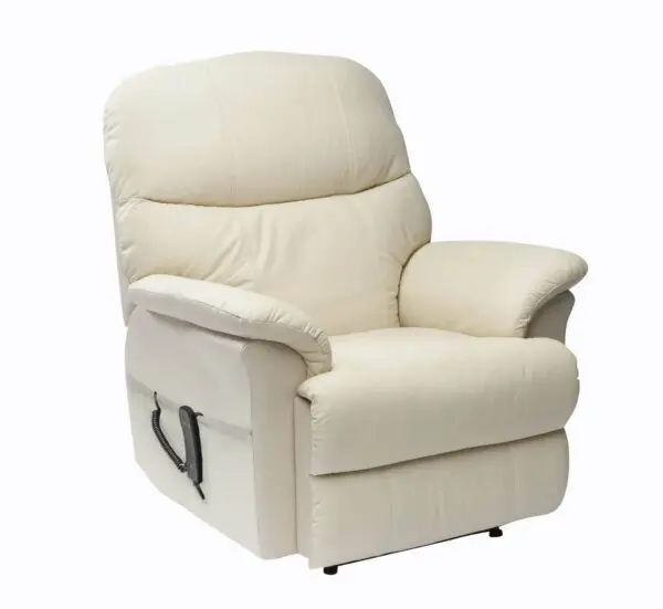 The Lars Dual Riser & Recliner, a beige leather chair with padded armrests and backrest, features a side lever for reclining and is displayed against a plain white background.
