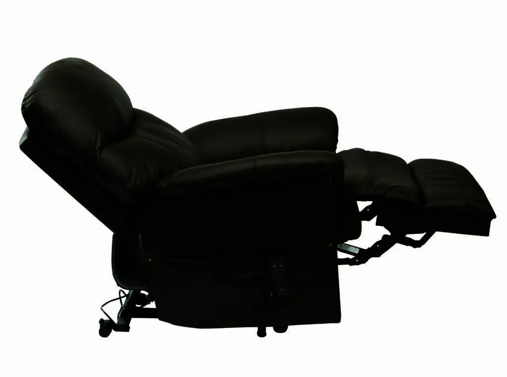 The Lars Dual Riser & Recliner is a brown leather chair featuring full recline, extended footrest, and a remote control stored in the side pocket.