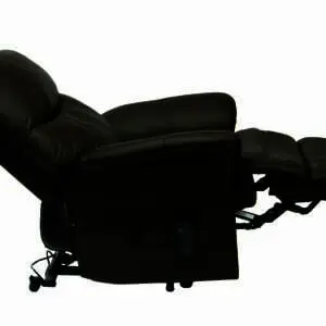 The Lars Dual Riser & Recliner is a brown leather chair featuring full recline, extended footrest, and a remote control stored in the side pocket.