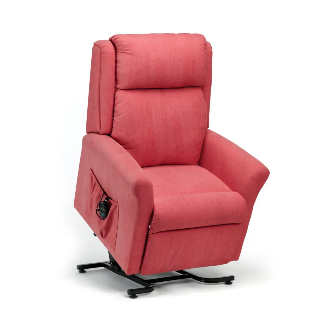 The Memphis Riser Recliner features red upholstery, a built-in side pocket, and a black metal base. It is shown partially raised.