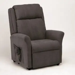 The Memphis Riser Recliner, upholstered in grey and featuring a side pocket, is displayed against a plain white background.