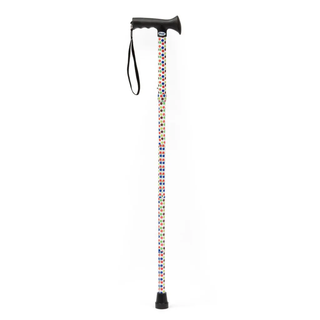 Petite Walking Sticks feature a black handle and wrist strap, a vibrant floral-patterned shaft, and a black rubber tip for stability.