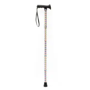 Petite Walking Sticks feature a black handle and wrist strap, a vibrant floral-patterned shaft, and a black rubber tip for stability.