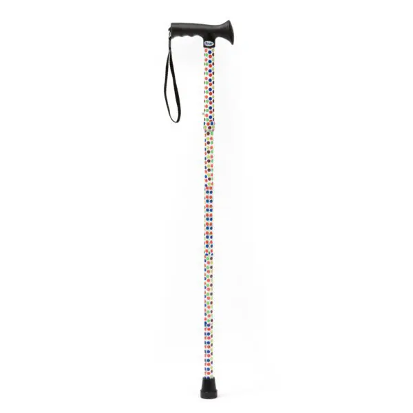 Petite Walking Sticks feature a black handle and wrist strap, a vibrant floral-patterned shaft, and a black rubber tip for stability.