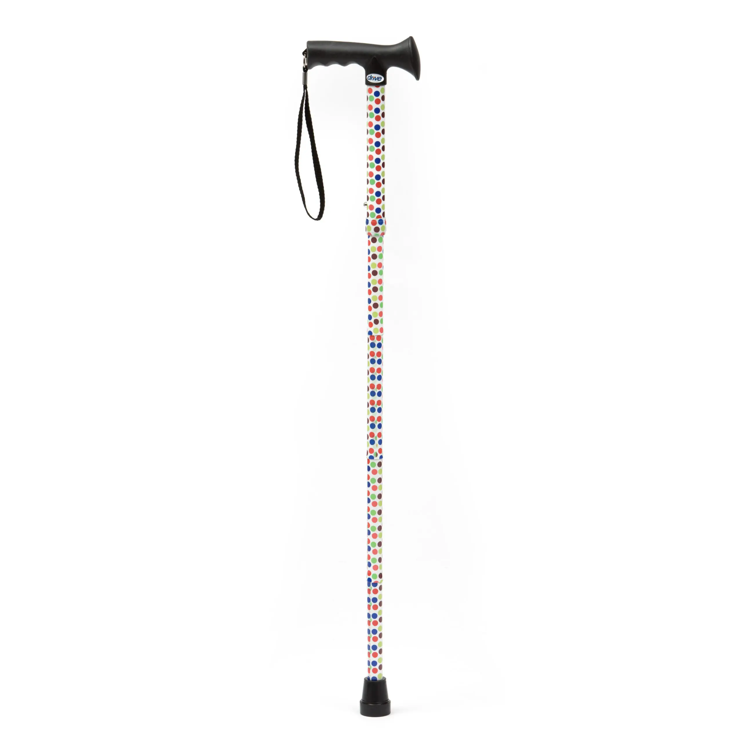 Petite Walking Sticks feature a black handle and wrist strap, a vibrant floral-patterned shaft, and a black rubber tip for stability.