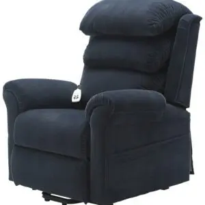 The Walmesley Dual Motor Rise & Recliner Chair in dark blue fabric features padded armrests, a segmented cushioned backrest, and a remote control conveniently attached to the side.