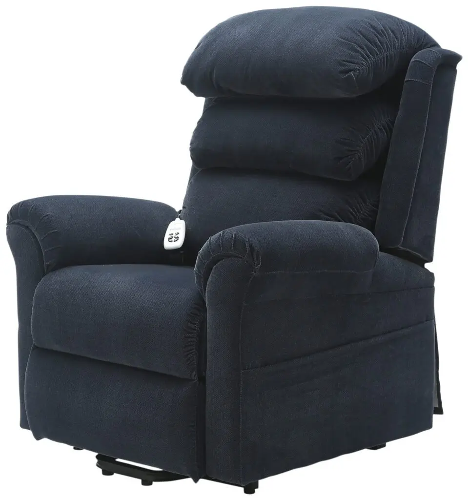 The Walmesley Dual Motor Rise & Recliner Chair Fabric/PU is a dark blue upholstered recliner with padded armrests and backrest, featuring a remote control attached to one side.