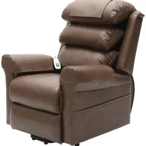 The Walmesley Dual Motor Rise & Recliner Chair Fabric/PU features plush cushioning, a remote control on one armrest, and a side pocket.