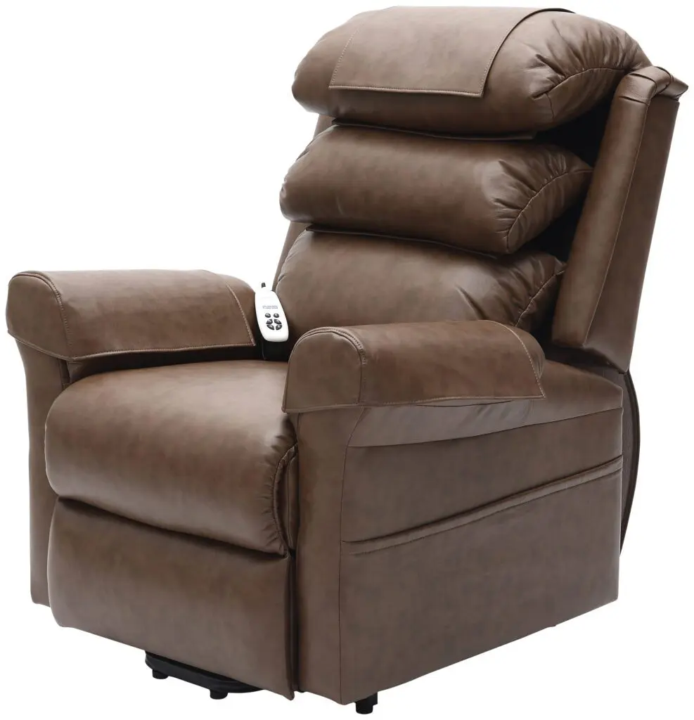 The Walmesley Dual Motor Rise & Recliner Chair Fabric/PU features plush cushioning, a remote control on one armrest, and a side pocket.
