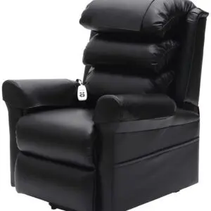 The Walmesley Dual Motor Rise & Recliner Chair Fabric/PU features layered back cushions and an attached remote control on the armrest.
